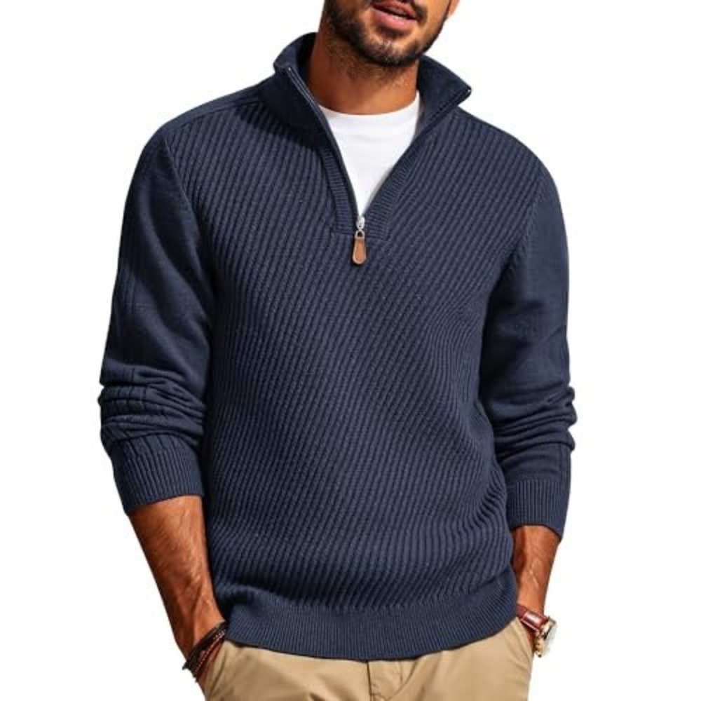 PJ Paul Jones Quarter Zip Sweater Mens Medium Pullover Rib Mock Neck Navy Blue